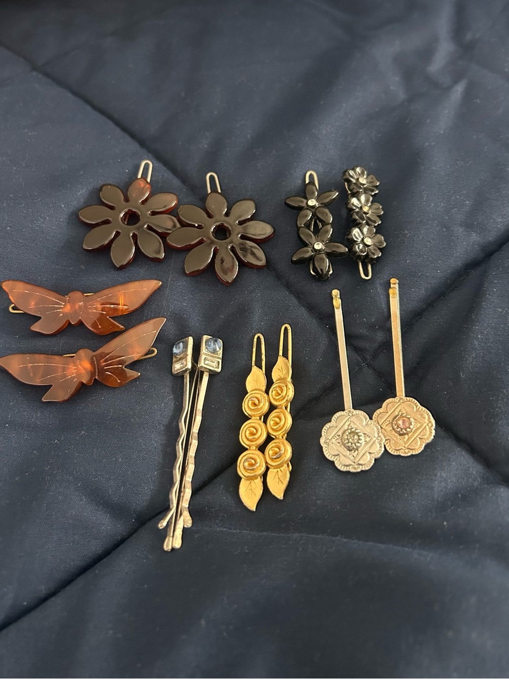 Mixed Floral & Butterfly Hair Clip Set - Gold and Amber